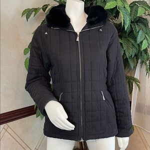LOFT BLACK QUILTED FAUX FUR HOODED JACKET